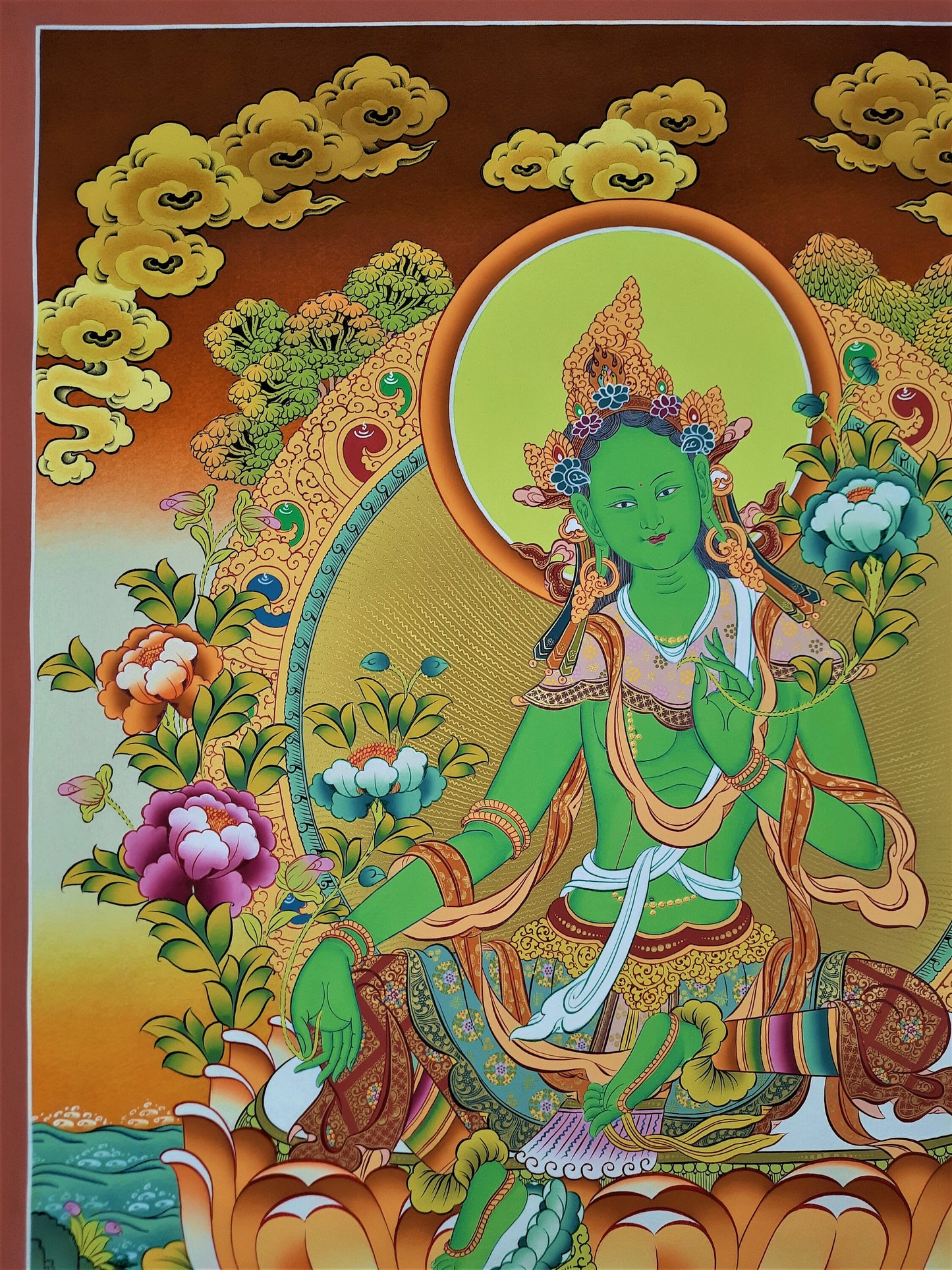 Hand-painted Green Tara, Shayamatara, Masterpiece, 24 K Gold Thangka, 20 x 27-Inch