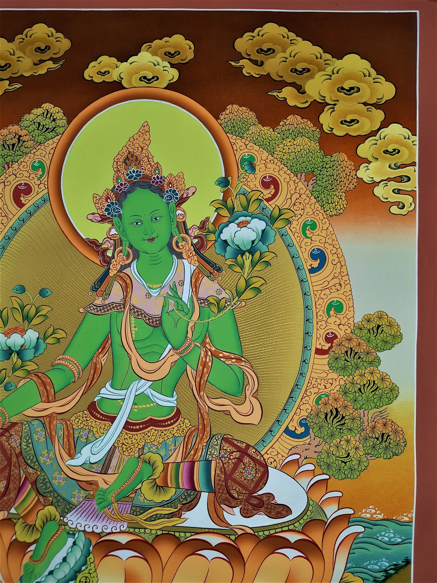 Hand-painted Green Tara, Shayamatara, Masterpiece, 24 K Gold Thangka, 20 x 27-Inch