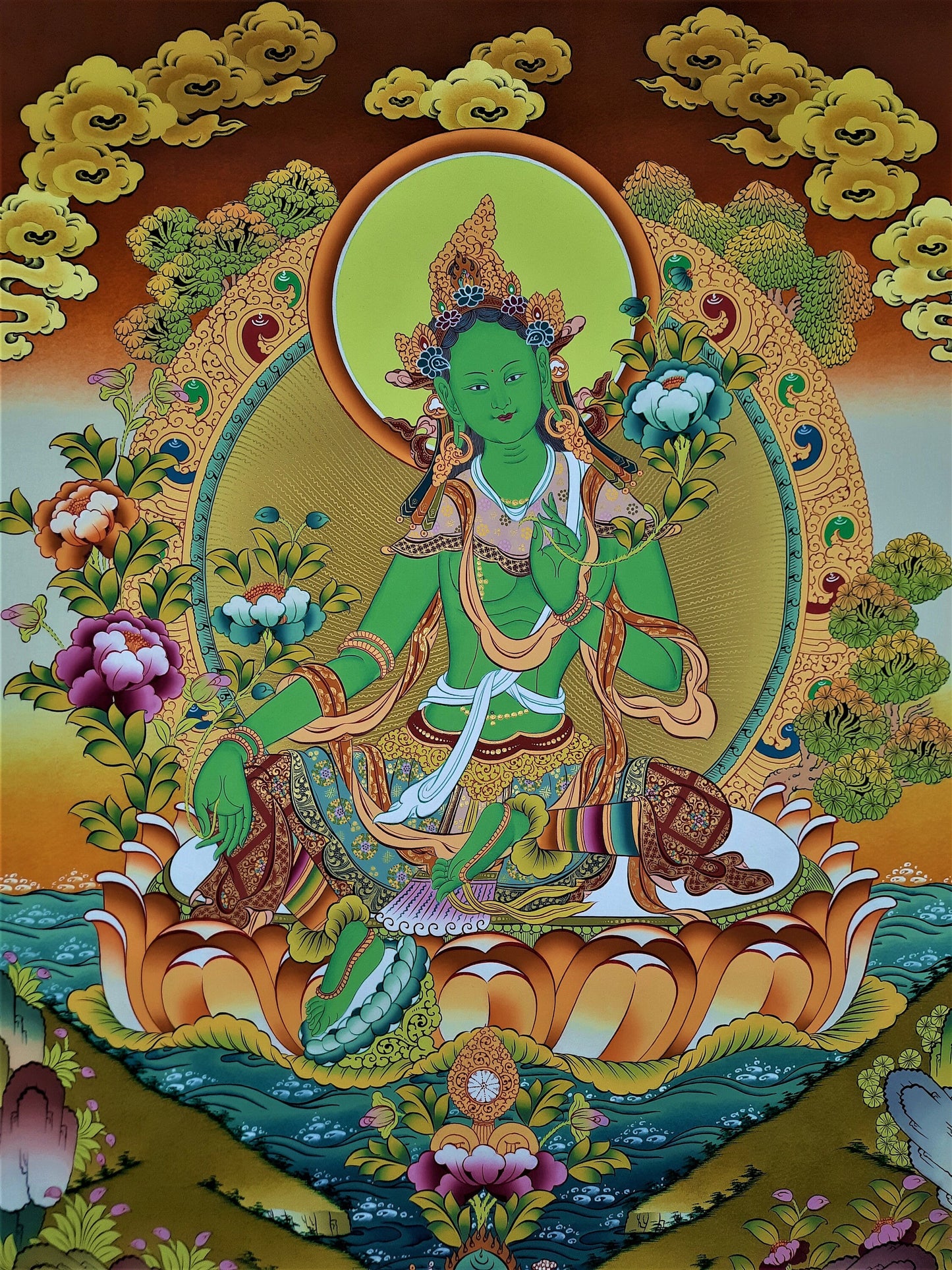 Hand-painted Green Tara, Shayamatara, Masterpiece, 24 K Gold Thangka, 20 x 27-Inch