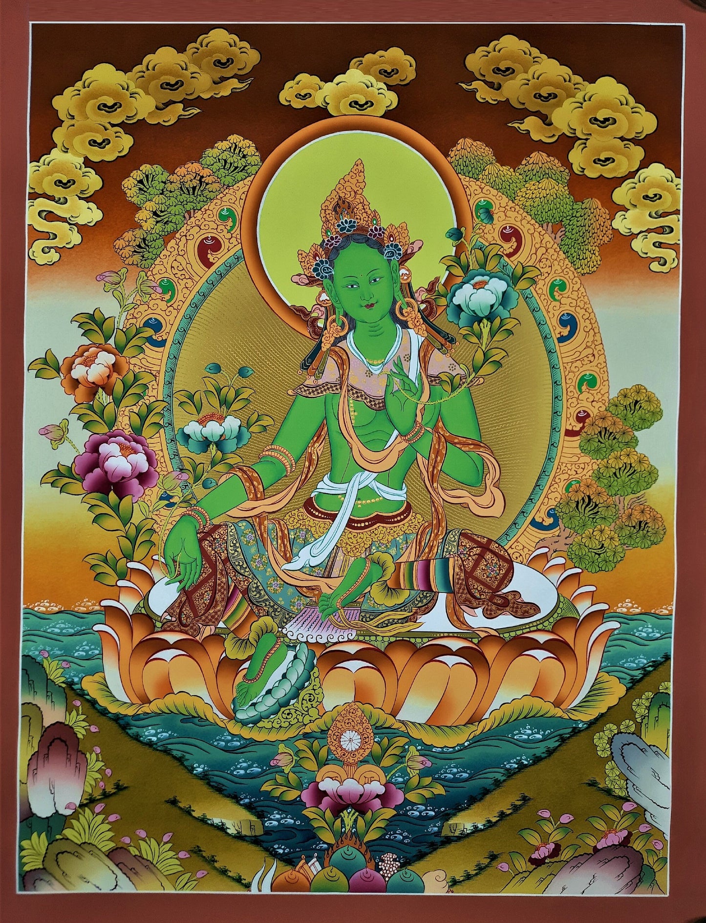 Hand-painted Green Tara, Shayamatara, Masterpiece, 24 K Gold Thangka, 20 x 27-Inch