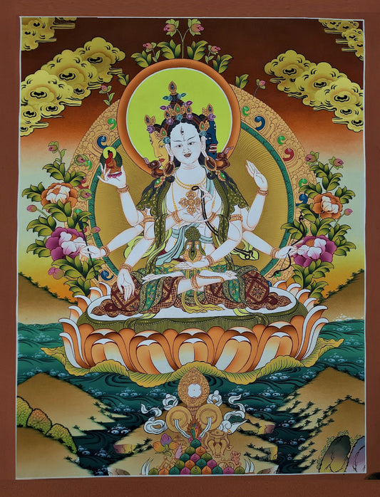 Hand-painted NAMGYALMA, Crowned Mother Buddha, Female Bodhisattva Thangka, 21 x 27-Inch