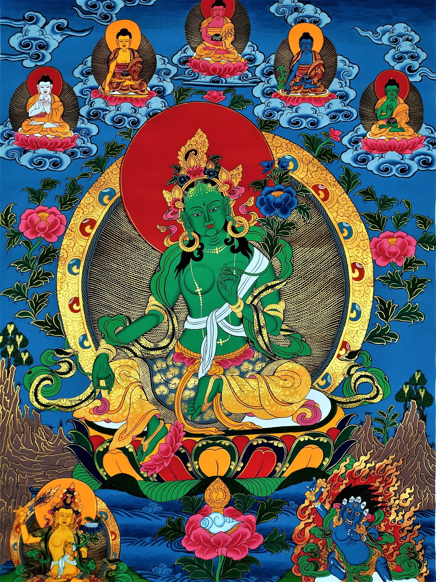 Hand-painted Pancha Buddha Green Tara, Shayamatara, Tibetan Thangka, 20 x 30-Inch