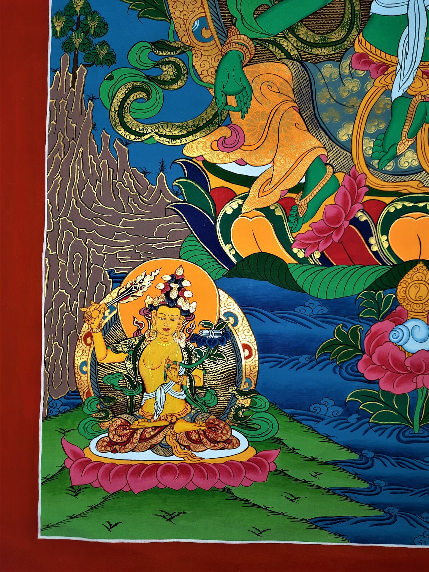 Hand-painted Pancha Buddha Green Tara, Shayamatara, Tibetan Thangka, 20 x 30-Inch