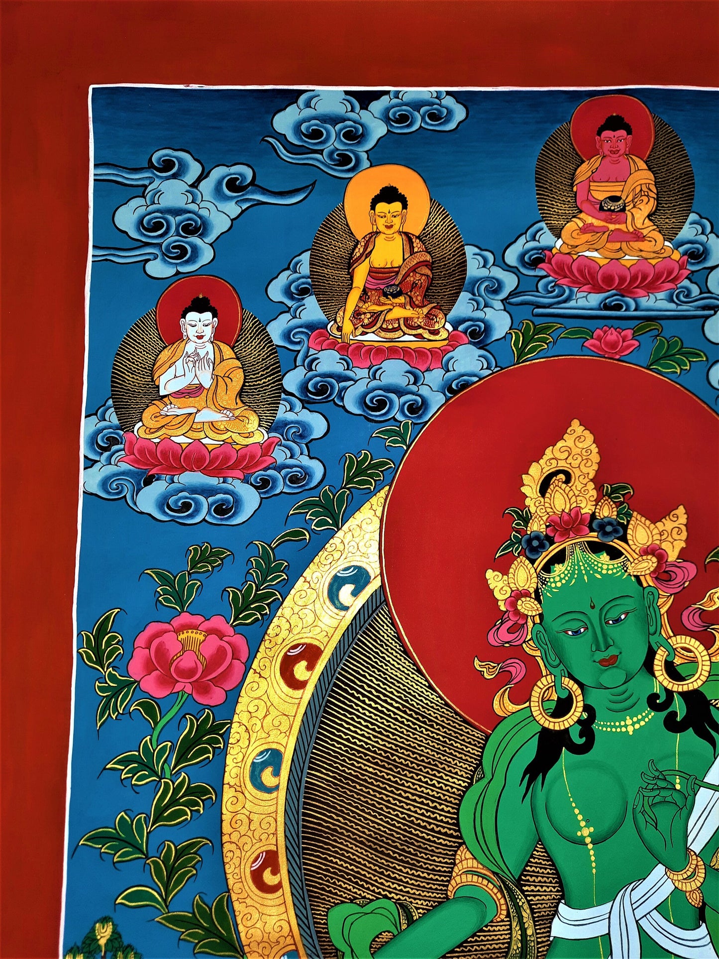 Hand-painted Pancha Buddha Green Tara, Shayamatara, Tibetan Thangka, 20 x 30-Inch