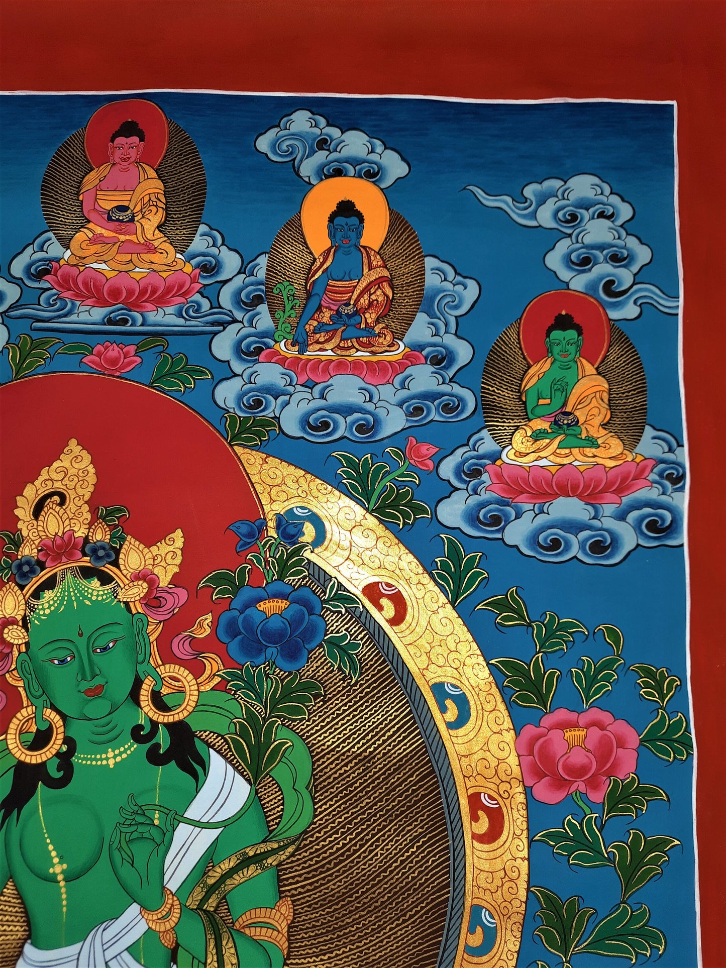 Hand-painted Pancha Buddha Green Tara, Shayamatara, Tibetan Thangka, 20 x 30-Inch