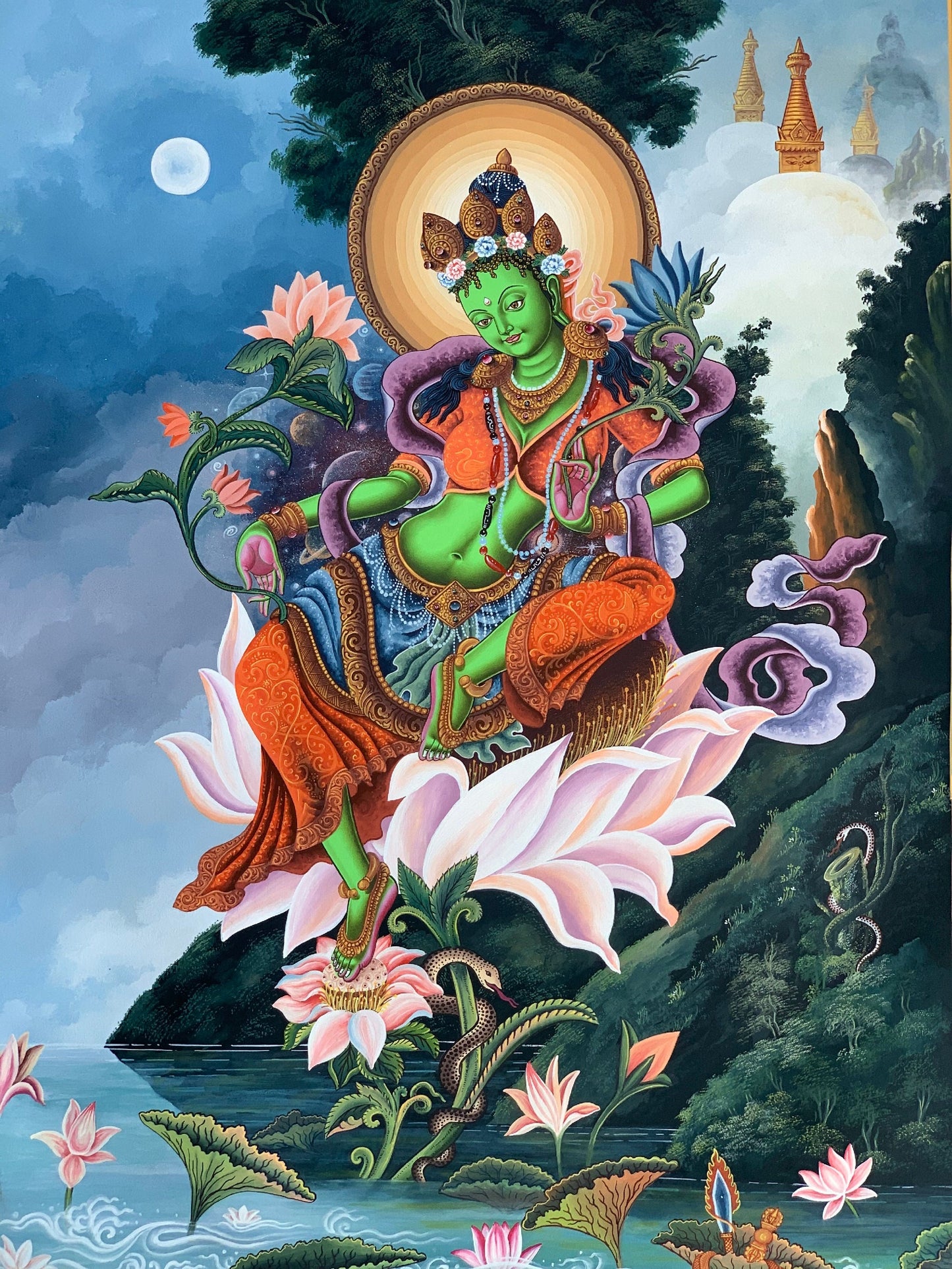 Original Hand-painted Master Quality, Rare, Masterpiece, Newari Green Tara,  Paubha/Pauba/ Pauva/ Thangka Painting 18 x 24-Inch