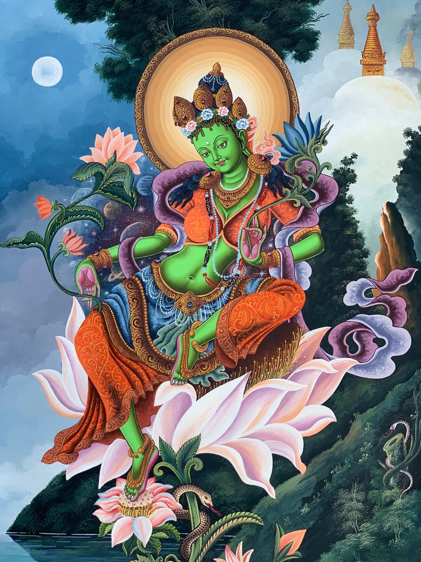 Original Hand-painted Master Quality, Rare, Masterpiece, Newari Green Tara,  Paubha/Pauba/ Pauva/ Thangka Painting 18 x 24-Inch