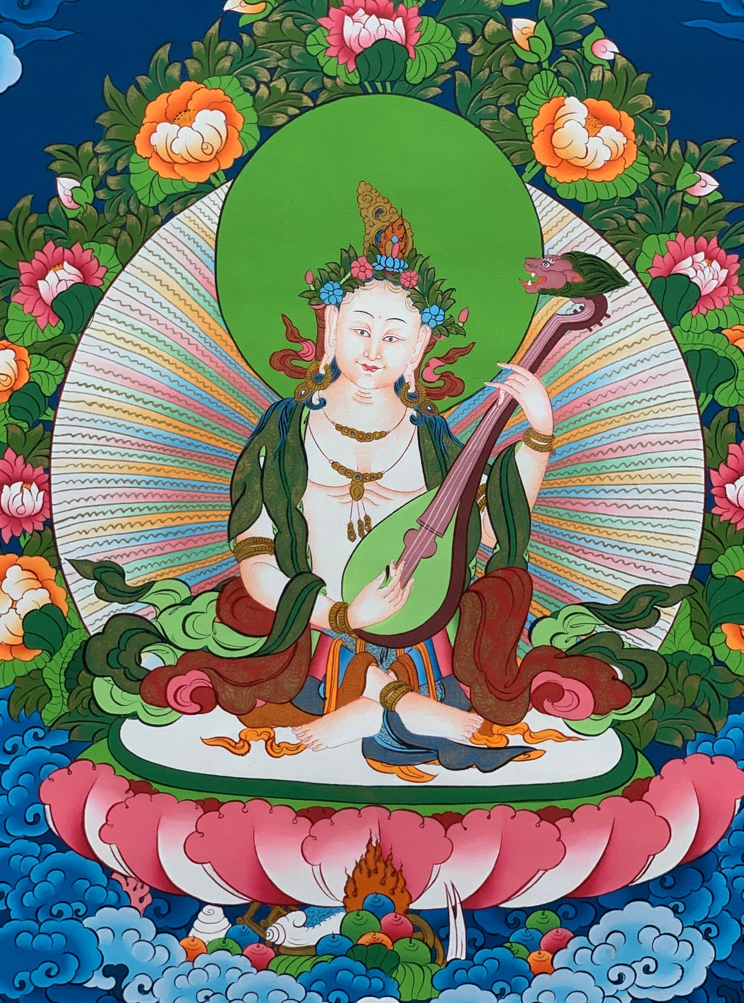 Hand-painted  Saraswati, Goddess of Learning and Art, Music, Thangka Painting 17 x 24-Inch