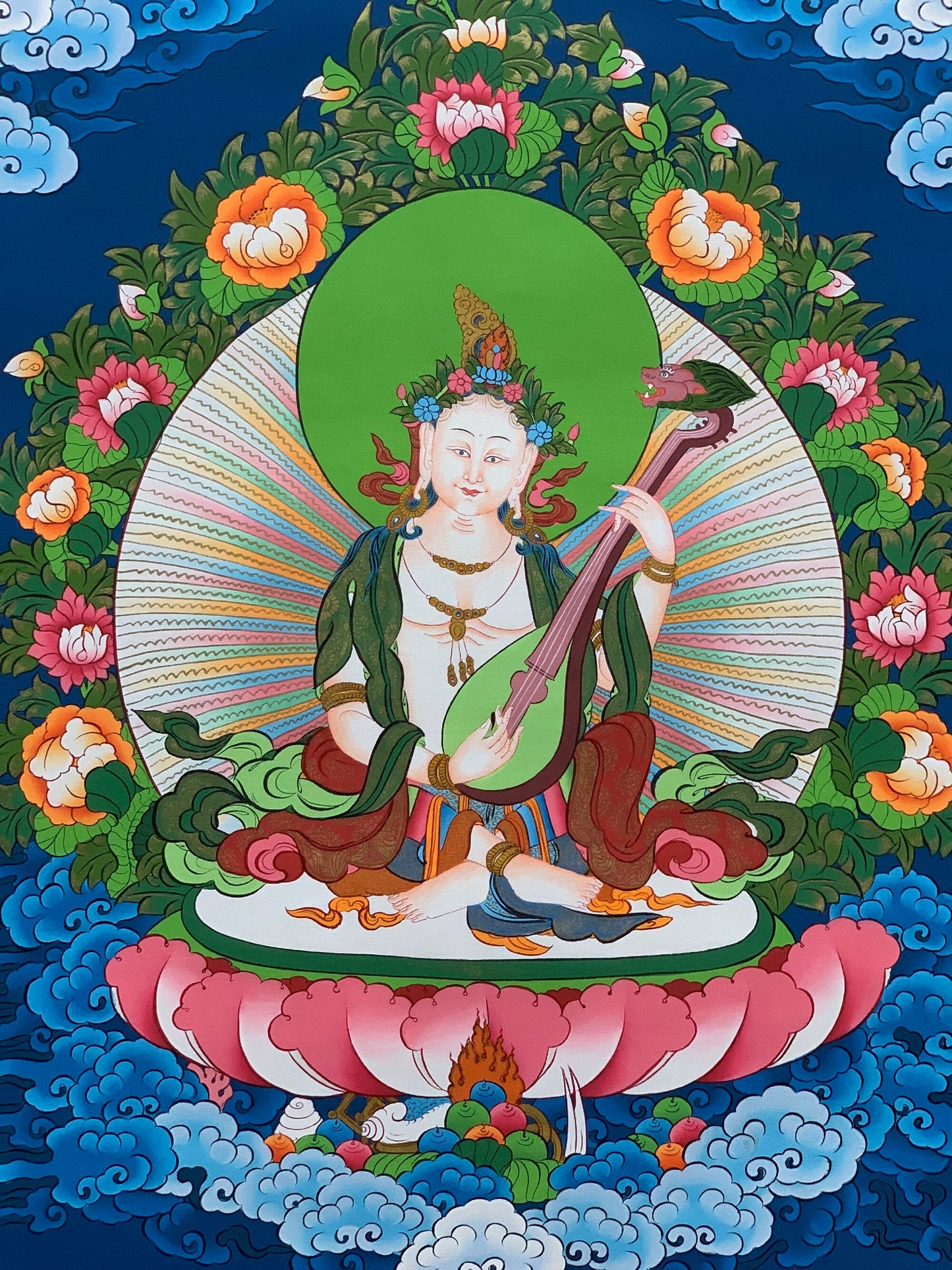 Hand-painted  Saraswati, Goddess of Learning and Art, Music, Thangka Painting 17 x 24-Inch