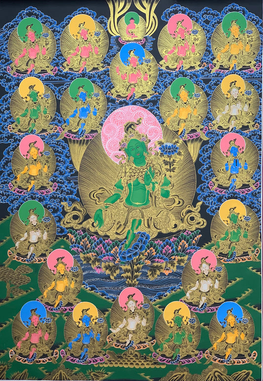 Hand-painted,  21 Green Tara, Shyamatara, 24K Gold,  Large, Masterpiece, Thangka Painting,  23 x 48-Inch