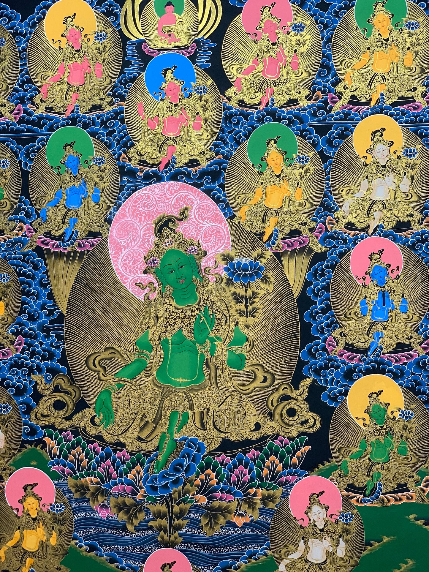 Hand-painted,  21 Green Tara, Shyamatara, 24K Gold,  Large, Masterpiece, Thangka Painting,  23 x 48-Inch