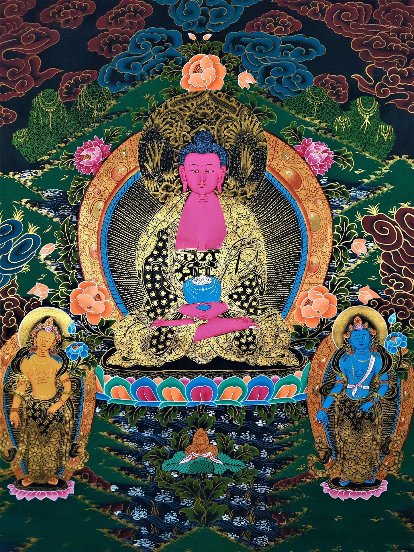 Original Hand Painted Amitabha Buddha WITH TWO BODHISATTVA Fine Work Tibetan Compassion / Meditation Thangka / Thanka  Painting From Nepal