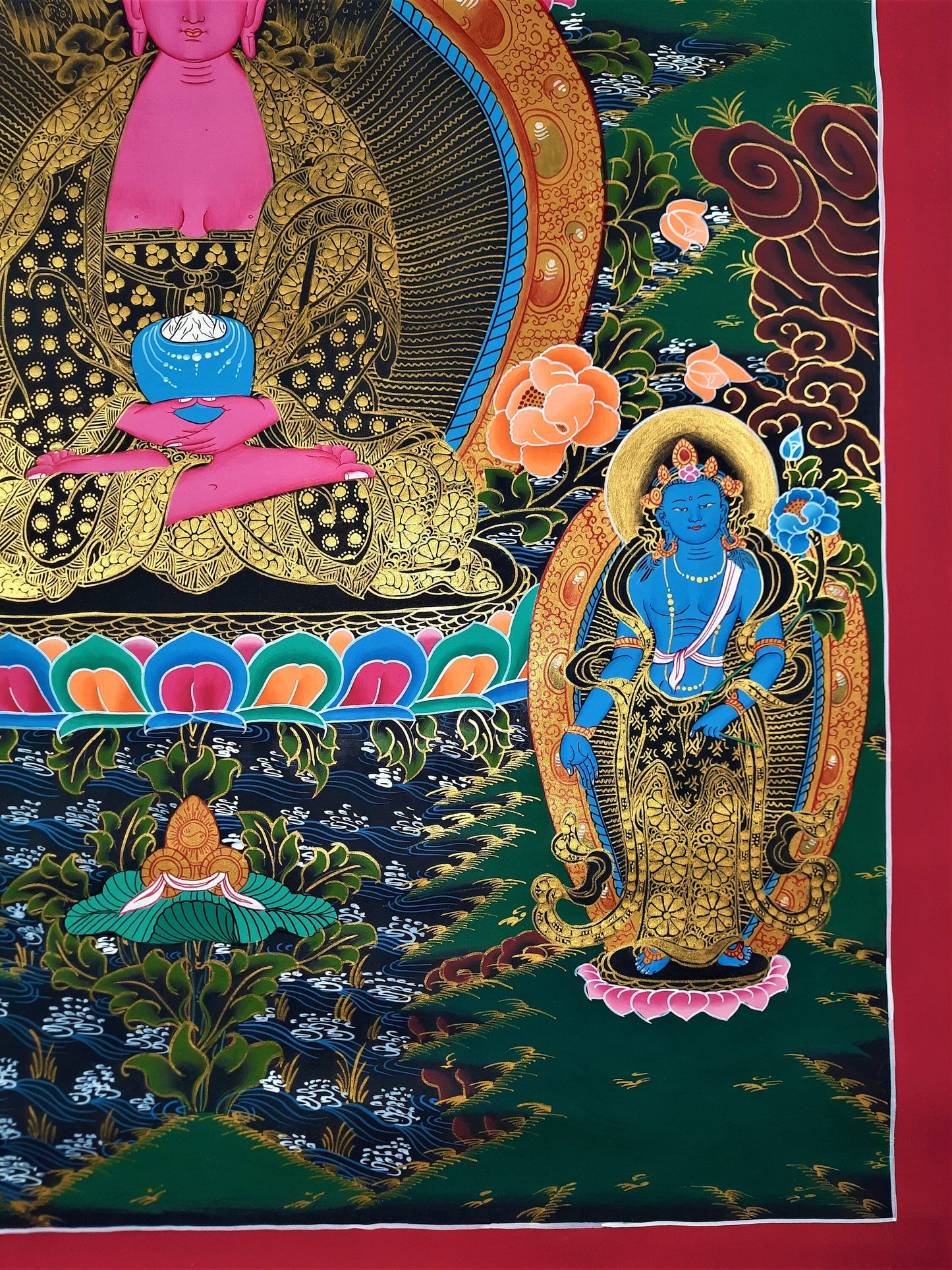 Original Hand Painted Amitabha Buddha WITH TWO BODHISATTVA Fine Work Tibetan Compassion / Meditation Thangka / Thanka  Painting From Nepal