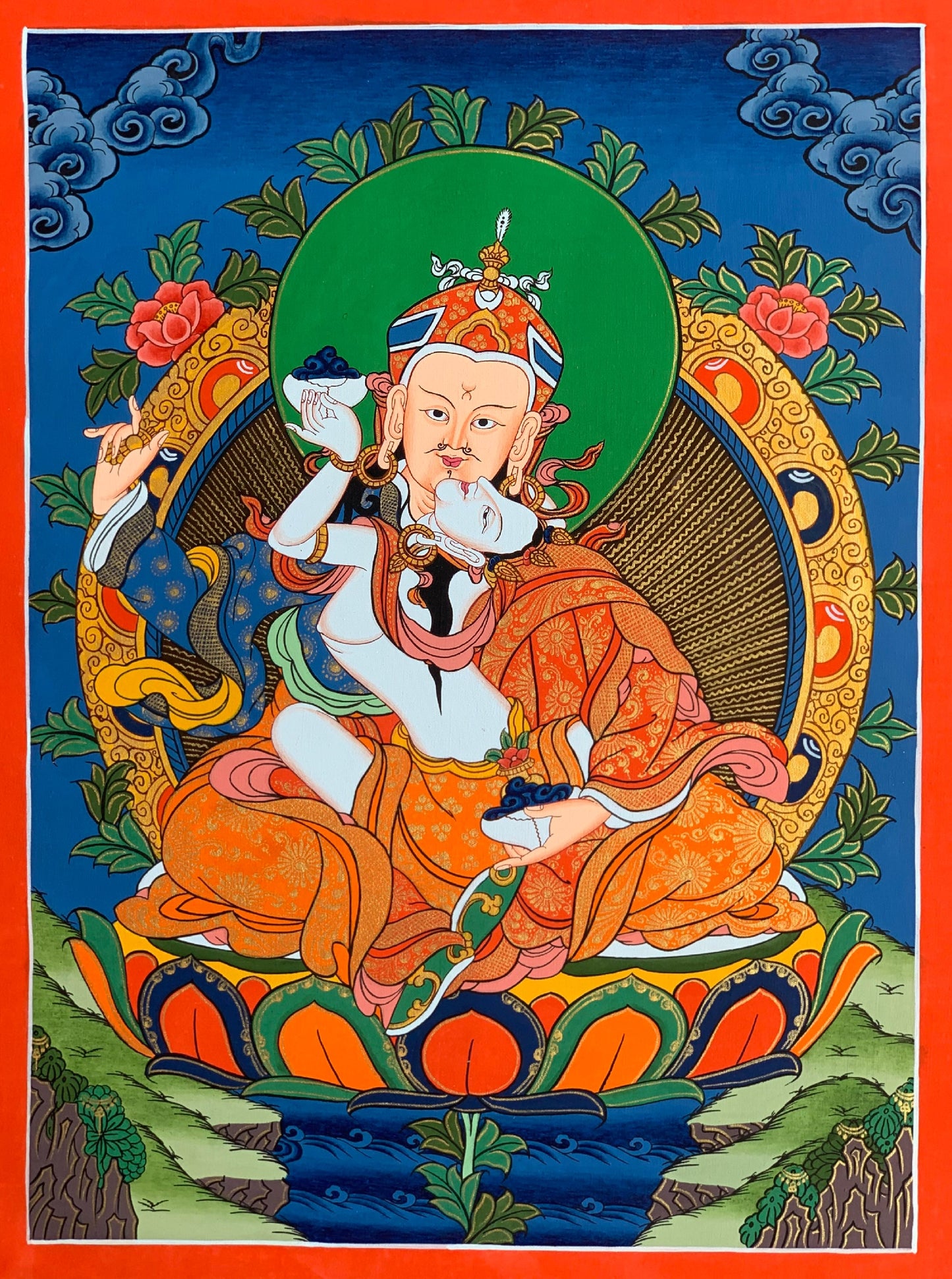 Hand-painted Padmasambhava, Guru Shakti, Guru Rinpoche, With Consort Mandarava Tibetan Thangka Painting