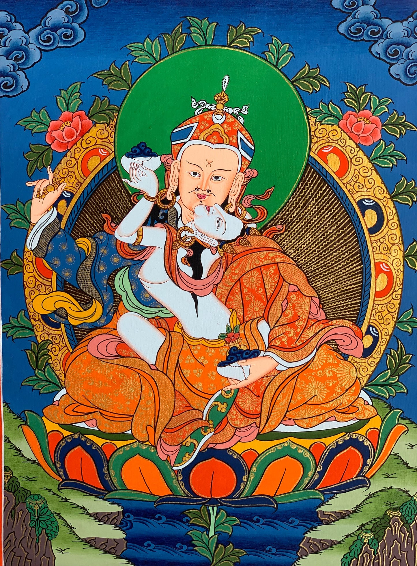 Hand-painted Padmasambhava, Guru Shakti, Guru Rinpoche, With Consort Mandarava Tibetan Thangka Painting