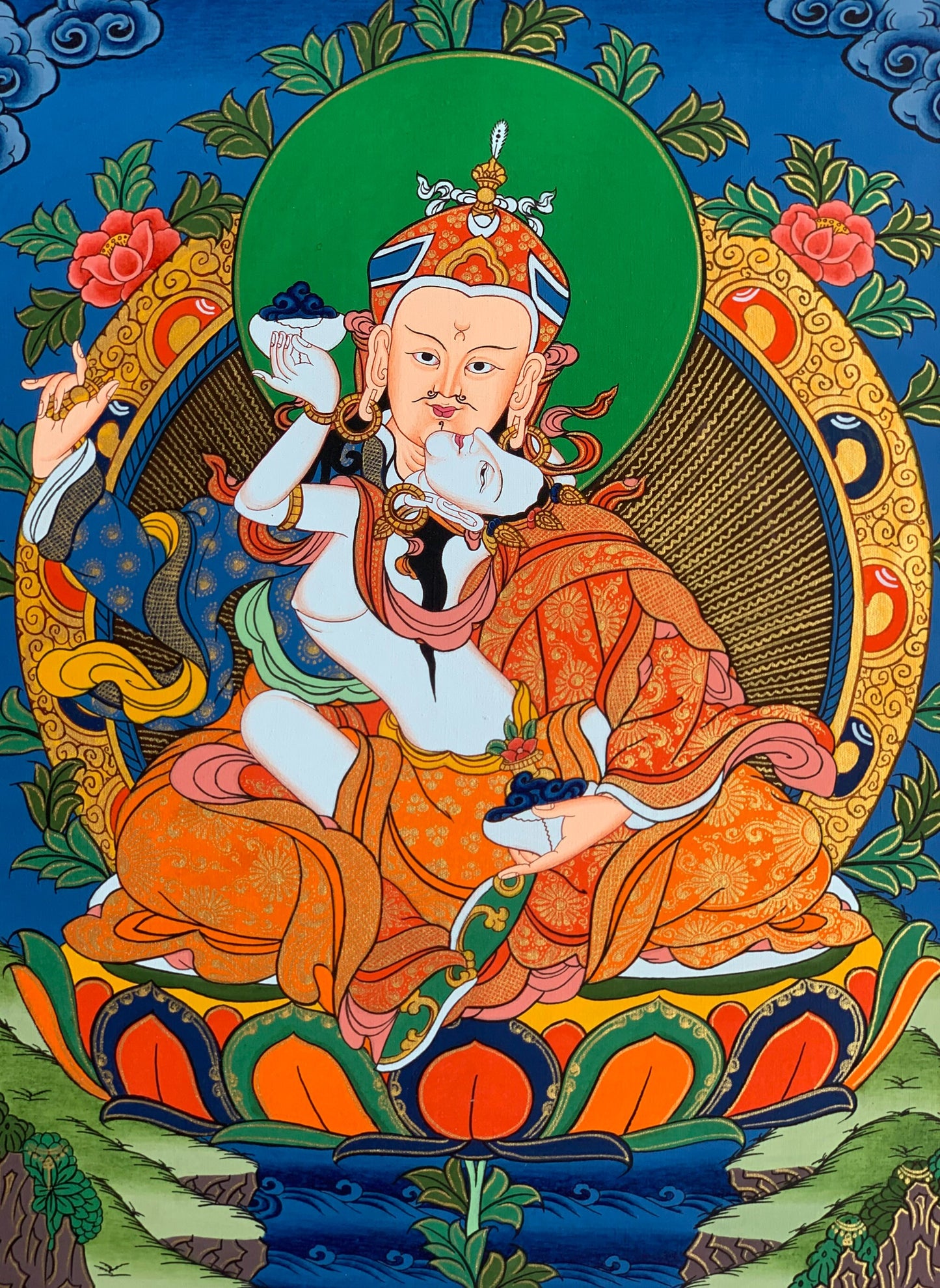 Hand-painted Padmasambhava, Guru Shakti, Guru Rinpoche, With Consort Mandarava Tibetan Thangka Painting