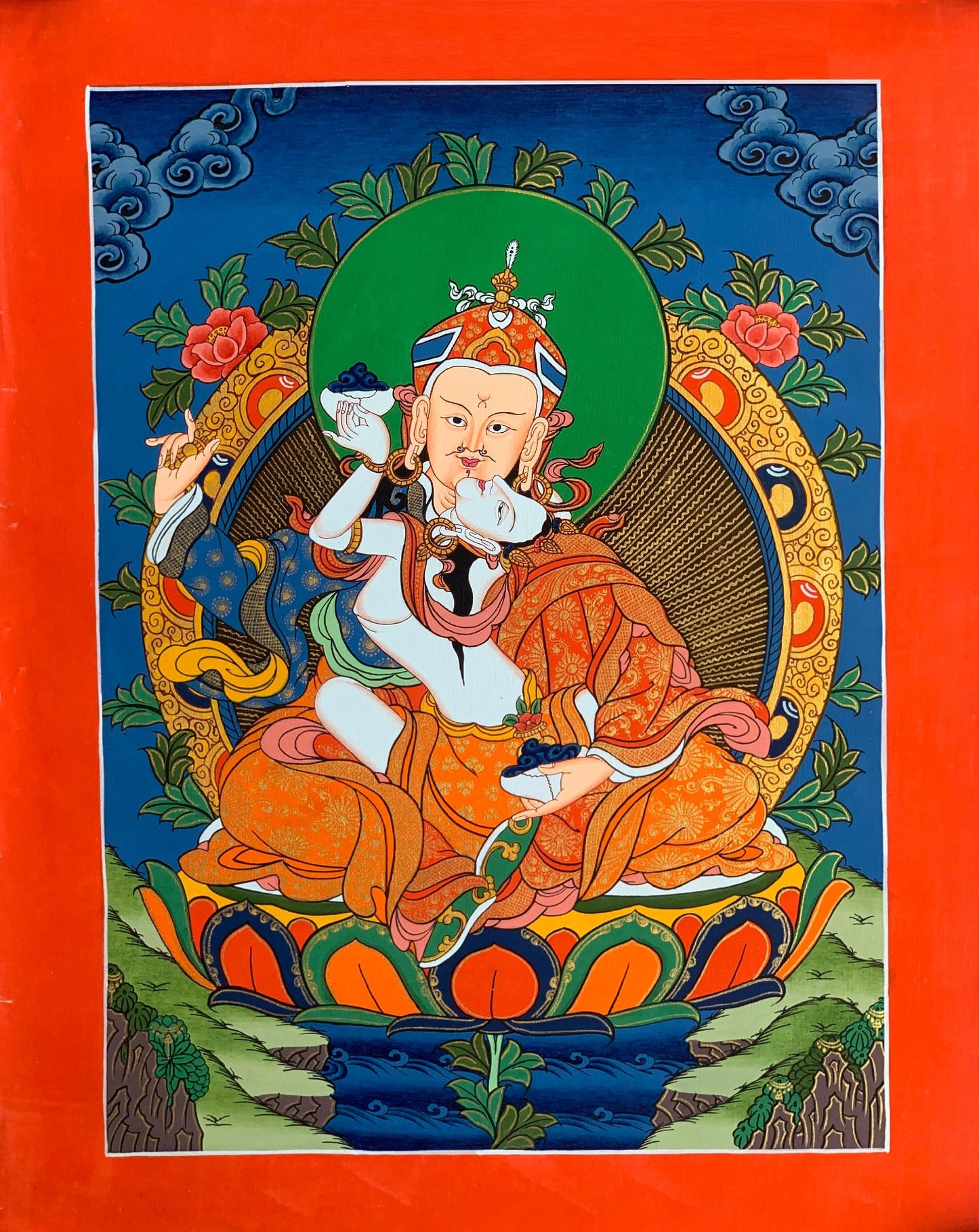 Hand-painted Padmasambhava, Guru Shakti, Guru Rinpoche, With Consort Mandarava Tibetan Thangka Painting