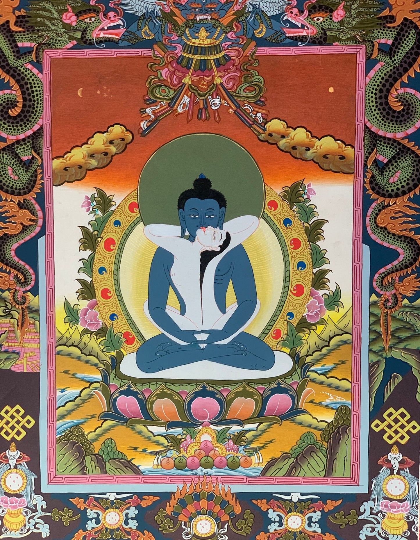 Hand-painted  Buddha Shakti, Samantabhadra, Tibetan Thangka Painting with Silk Brocade