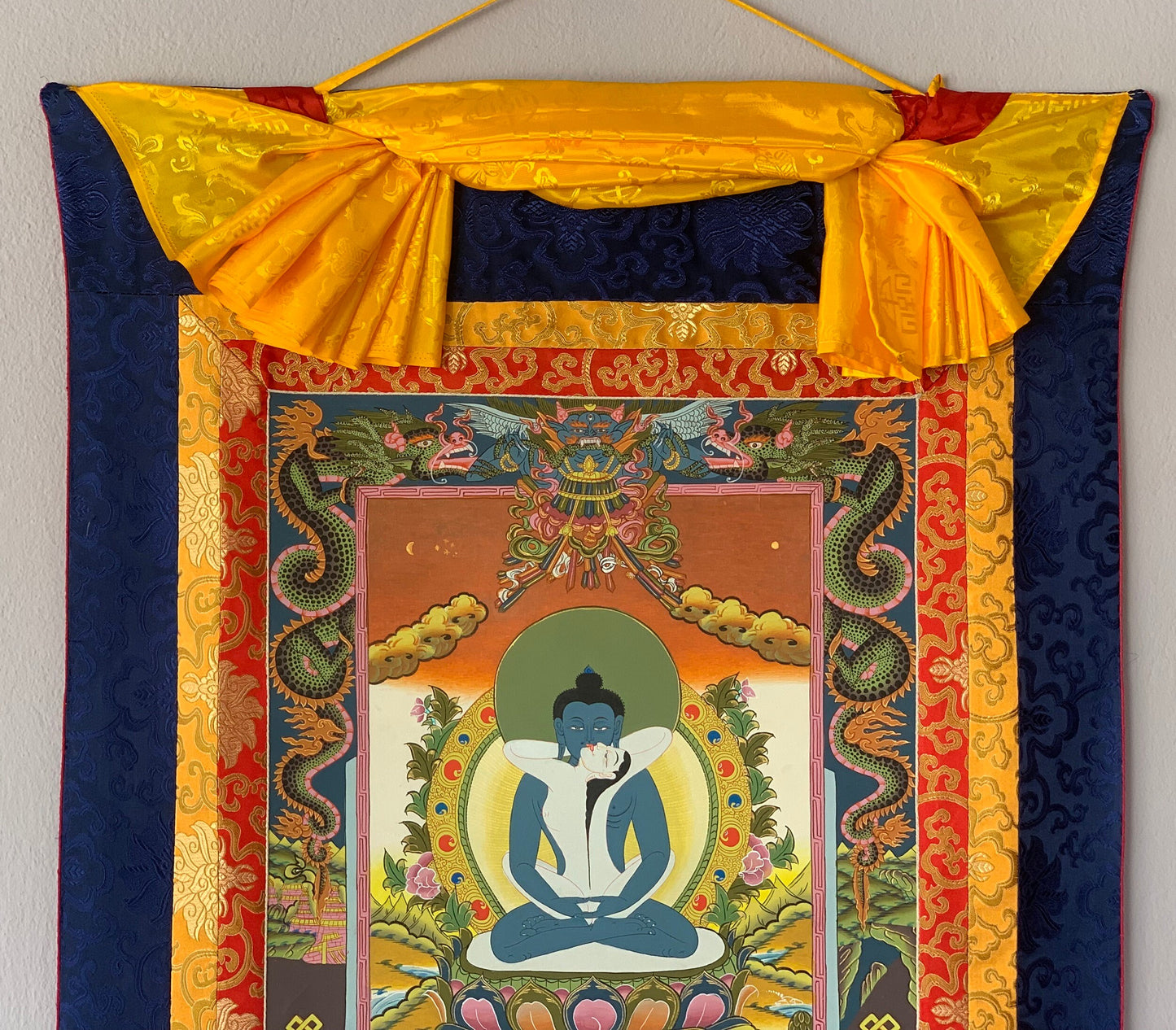 Hand-painted  Buddha Shakti, Samantabhadra, Tibetan Thangka Painting with Silk Brocade