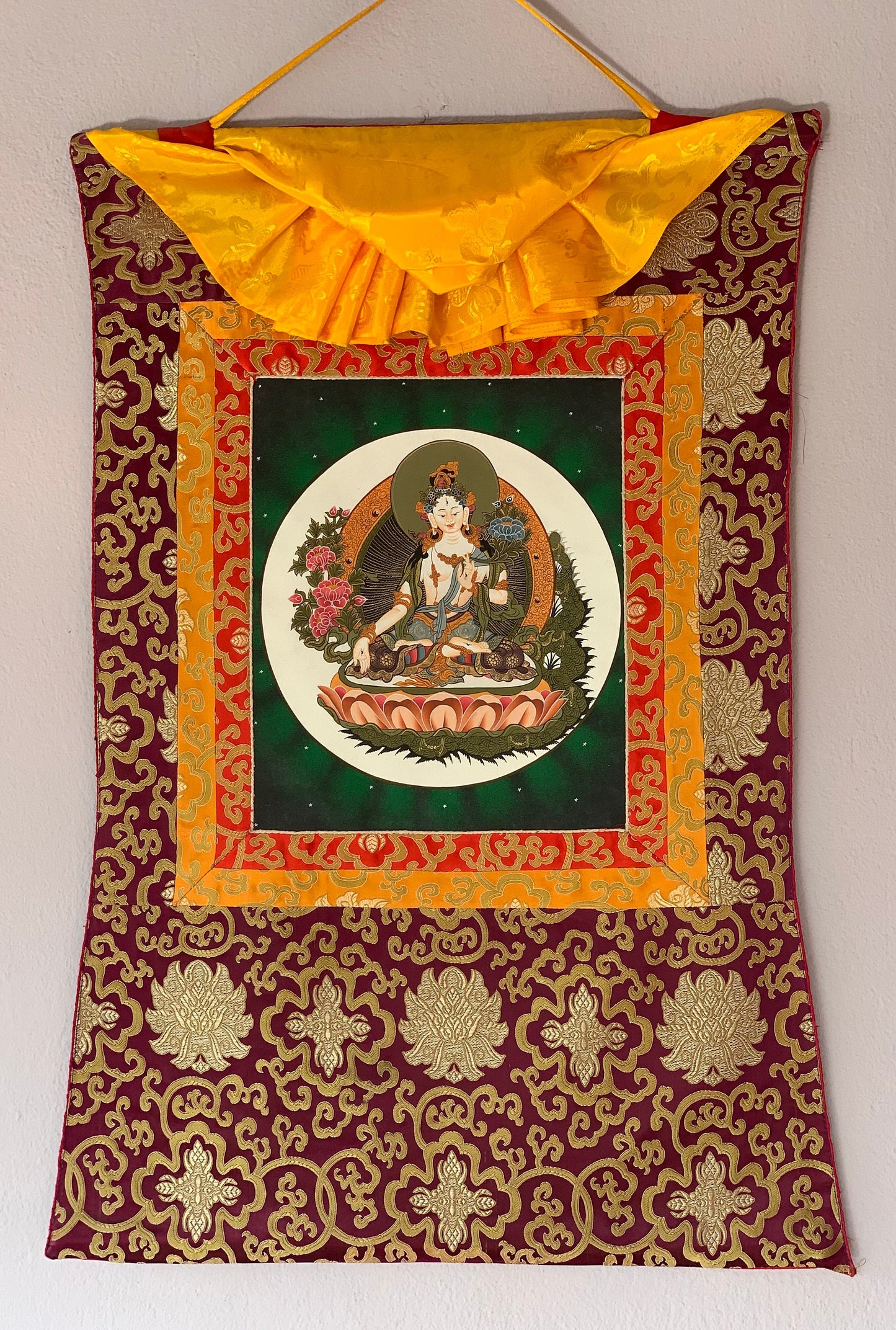 Hand-painted White Tara, Mother Goddess, Thangka, Art, Painting with Silk Brocade