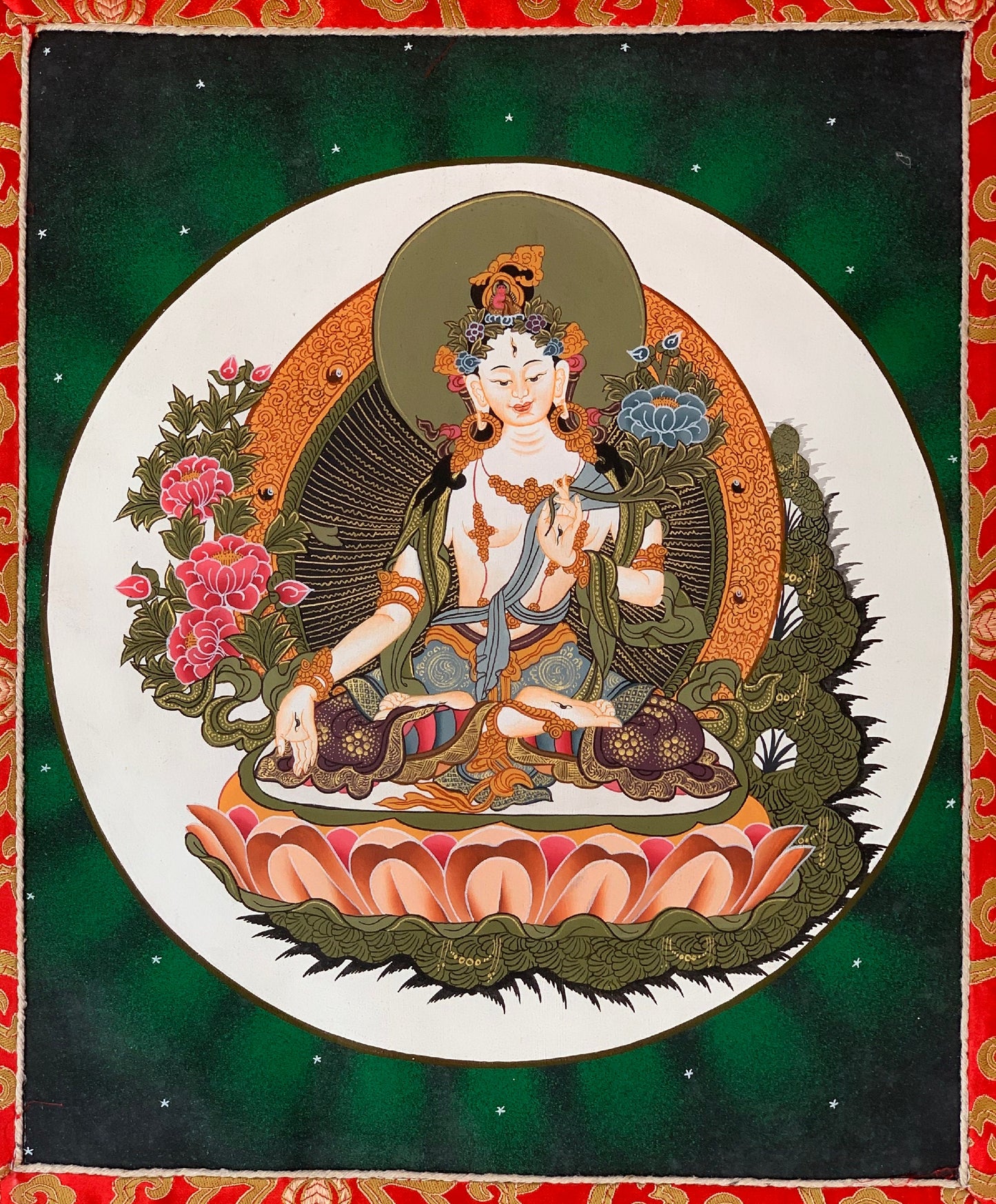 Hand-painted White Tara, Mother Goddess, Thangka, Art, Painting with Silk Brocade