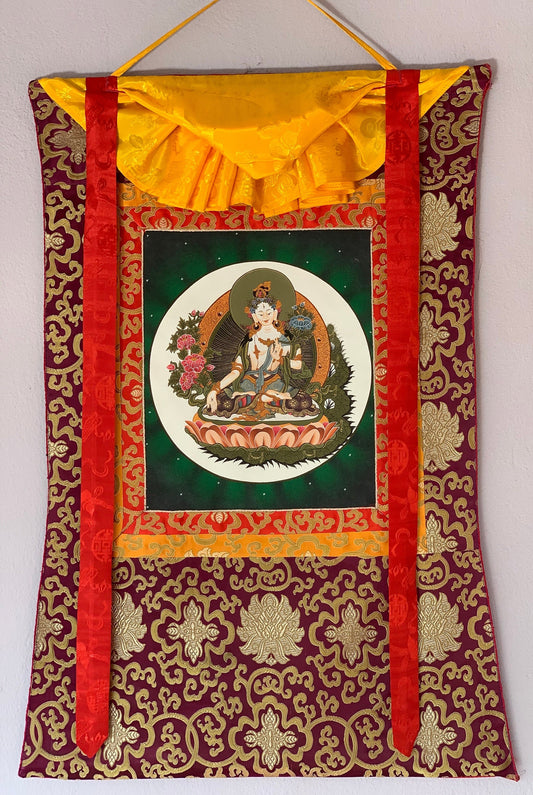 Hand-painted White Tara, Mother Goddess, Thangka, Art, Painting with Silk Brocade