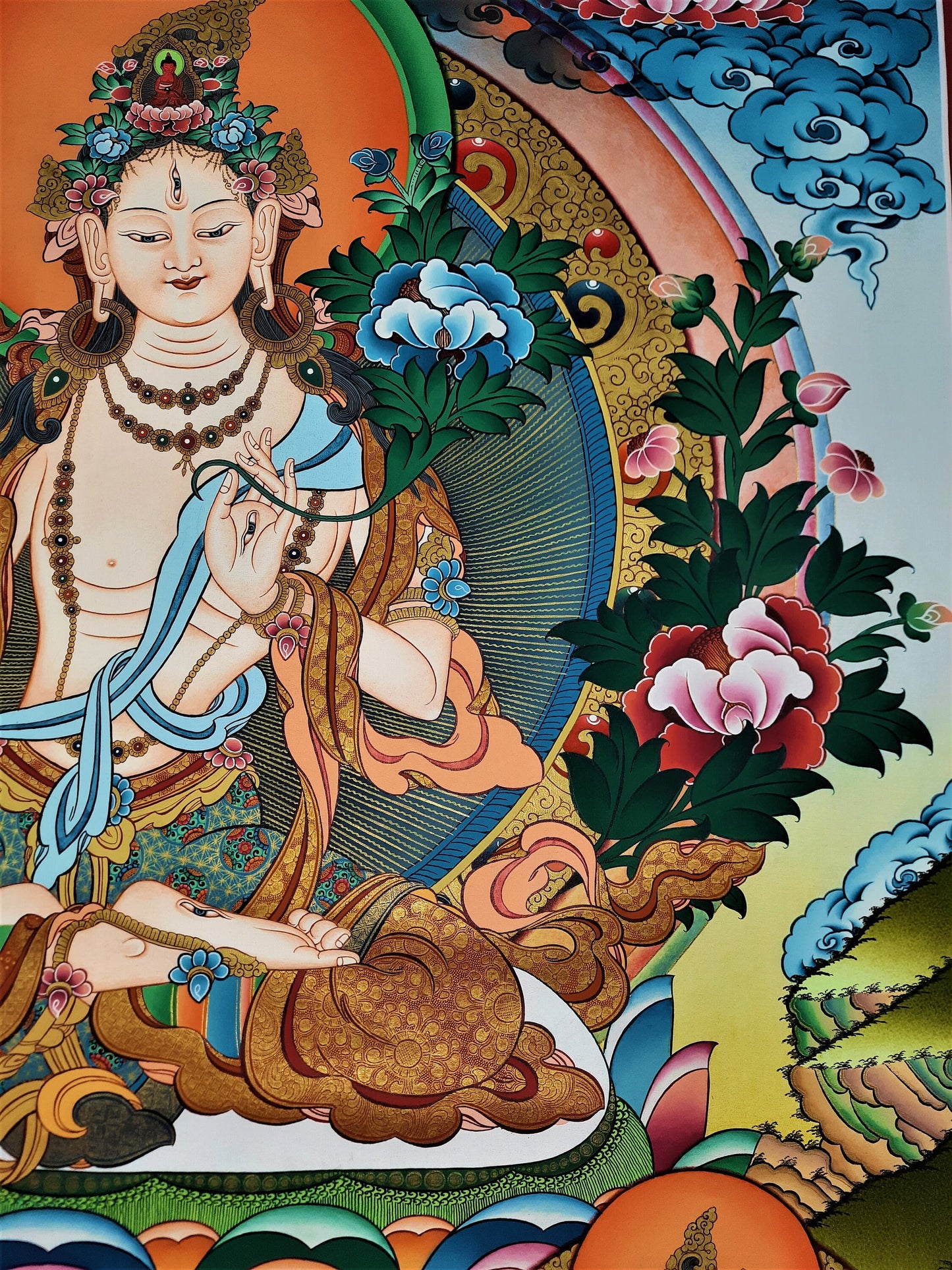 Hand-painted White Tara, Sitatara Masterpiece, 24 K Gold Thangka, 39" x 29" Inch