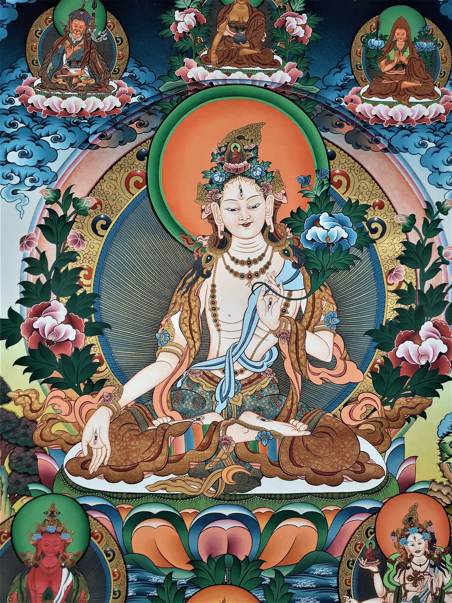 Hand-painted White Tara, Sitatara Masterpiece, 24 K Gold Thangka, 39" x 29" Inch