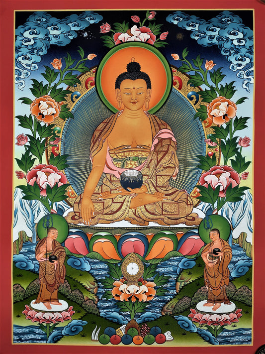 Hand-painted Shakyamuni, Gautama Buddha, Masterpiece, 24 K Gold Thangka, 17 x 24-Inch