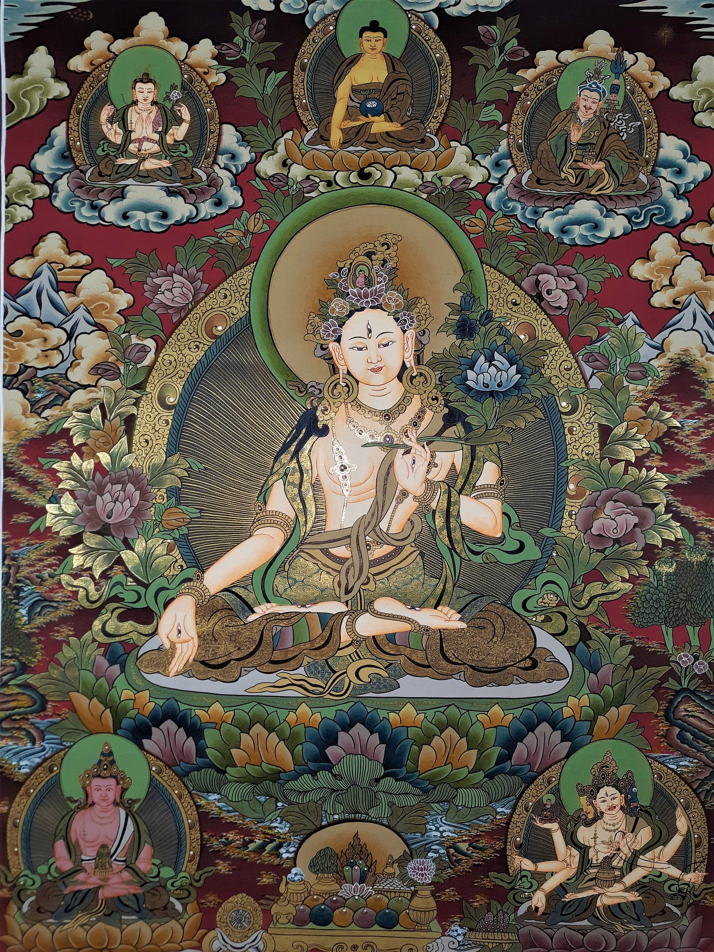 Hand-painted White Tara, Original, Masterpiece, 24 K Gold Thangka, 18 x 23-Inch