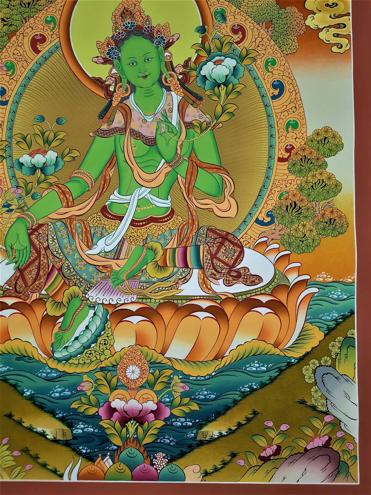 Hand-painted Green Tara, Shayamatara, Masterpiece, 24 K Gold Thangka, 20 x 27-Inch