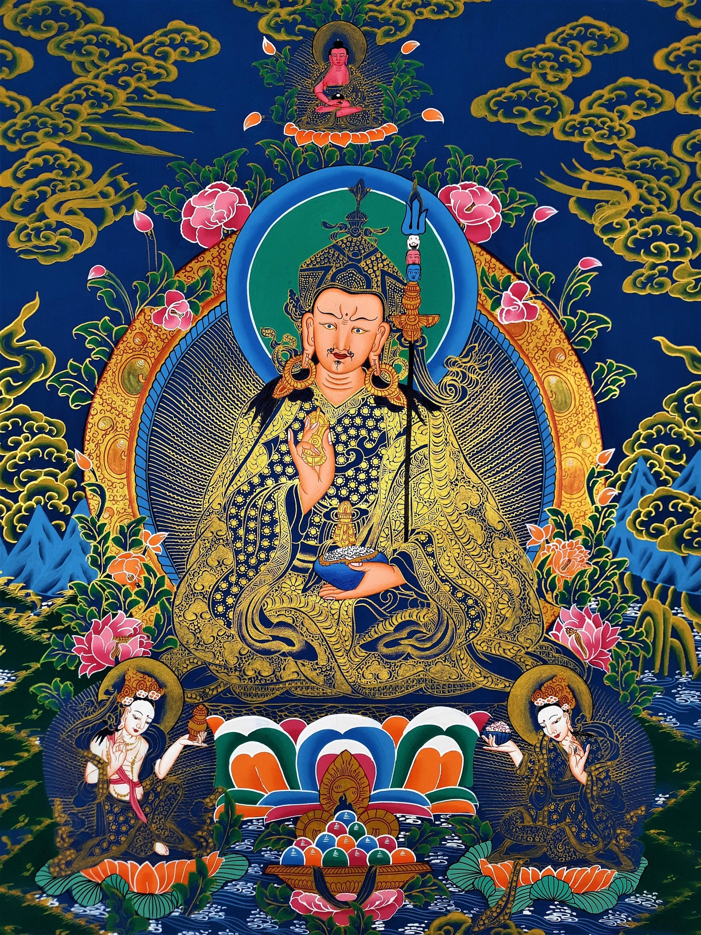 Guru Rinpoche/ Padmsambhava – Precious Master Thangka  Tibetan Wall Hanging Mediation Painting Thangka / Thanka Art From Nepal