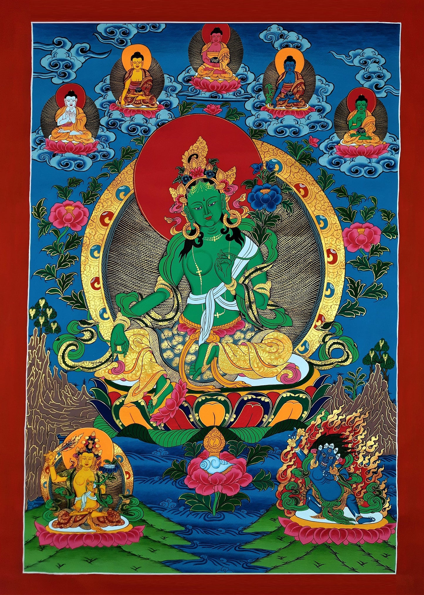 Hand-painted Pancha Buddha Green Tara, Shayamatara, Tibetan Thangka, 20 x 30-Inch