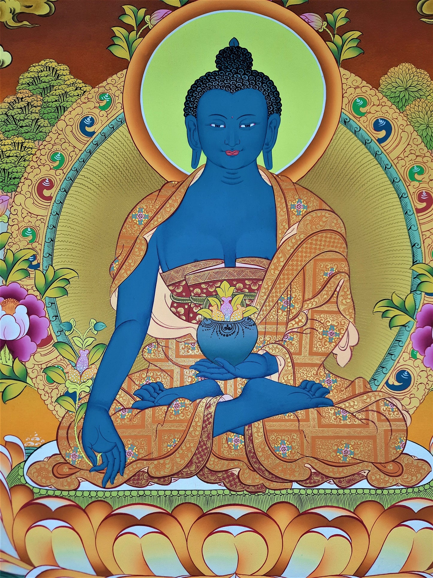 Hand-painted MEDICINE BUDDHA, Bhaisajyaguru, Buddha of Healing and Meditation, Thangka, 21 x 27-Inch