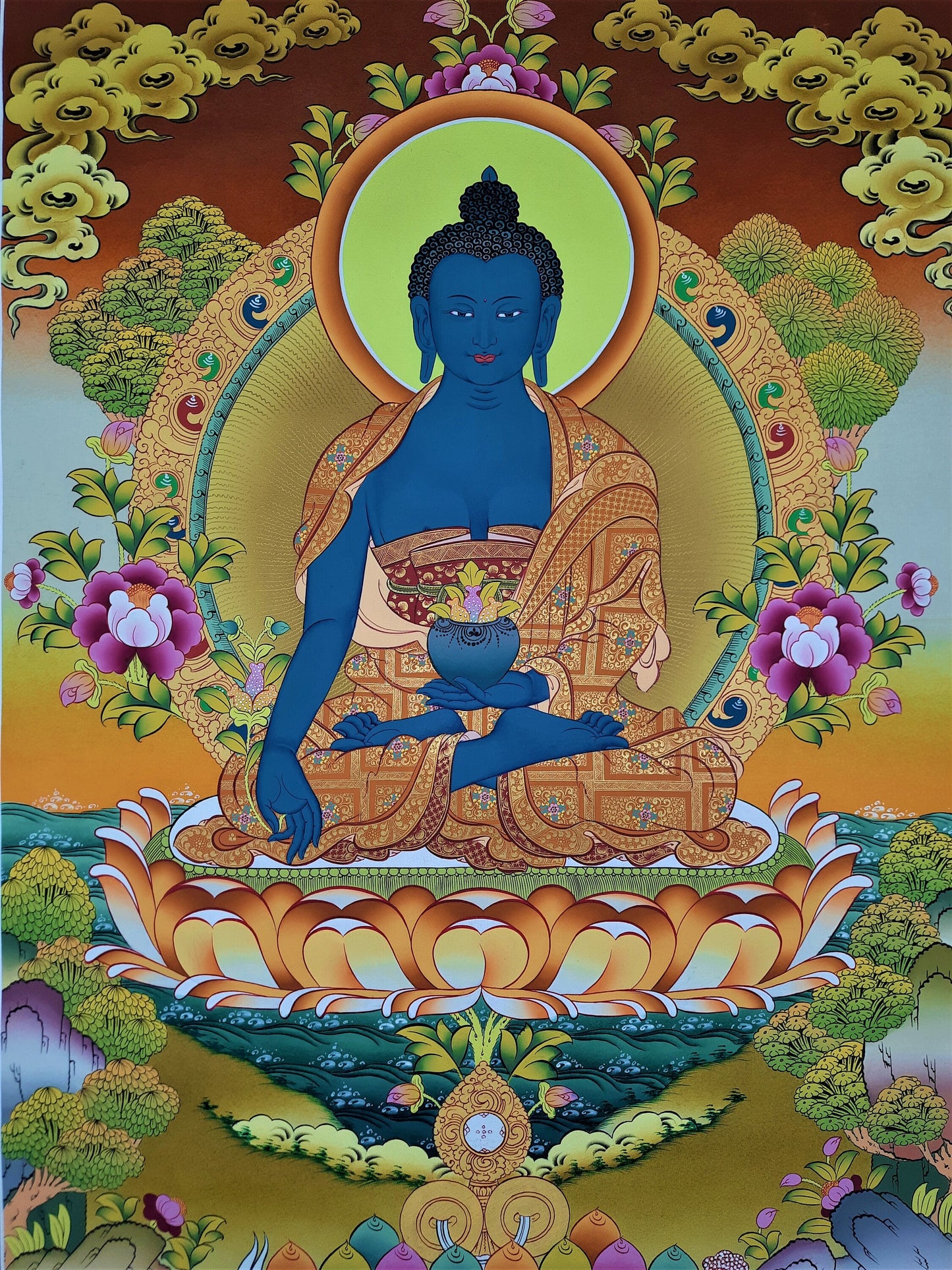 Hand-painted MEDICINE BUDDHA, Bhaisajyaguru, Buddha of Healing and Meditation, Thangka, 21 x 27-Inch