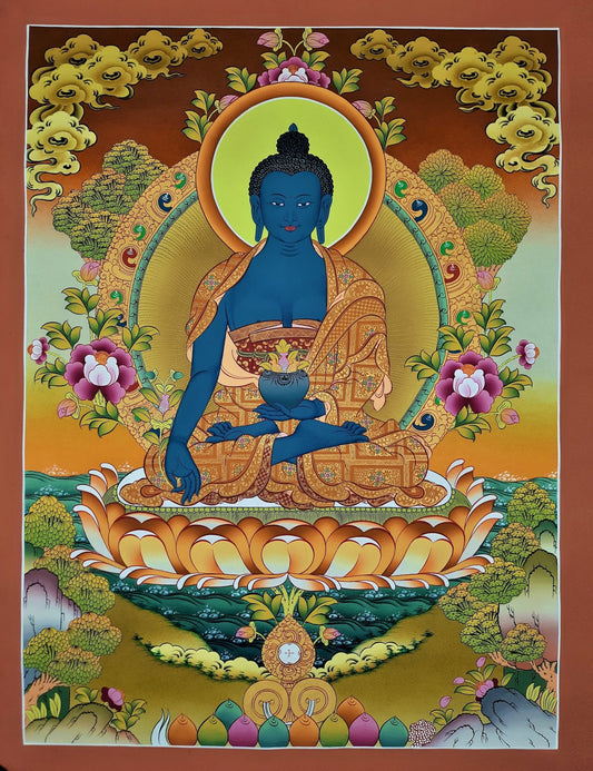 Hand-painted MEDICINE BUDDHA, Bhaisajyaguru, Buddha of Healing and Meditation, Thangka, 21 x 27-Inch