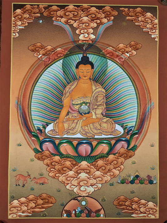 Hand-painted Shakyamuni, Gautama Buddha, Masterpiece, 24 K Gold Original, Tibetan Thangka, Compassion, Meditation Art, Painting 16 x 24-Inch