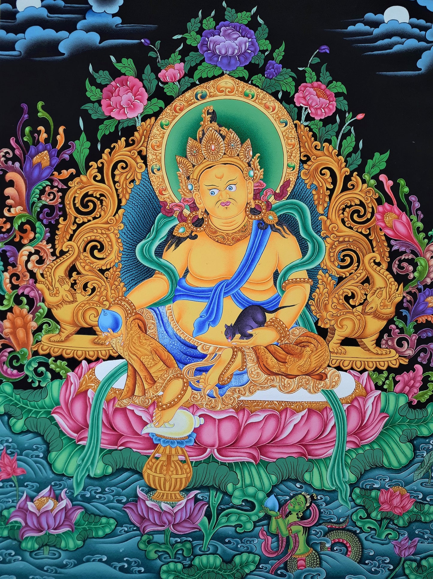 Hand-painted, Yellow Jambhala, Zambala, Zambhala, Kuber, God of Wealth, 24 K Gold, Masterpiece, Thangka Painting, 17 x 24-Inch