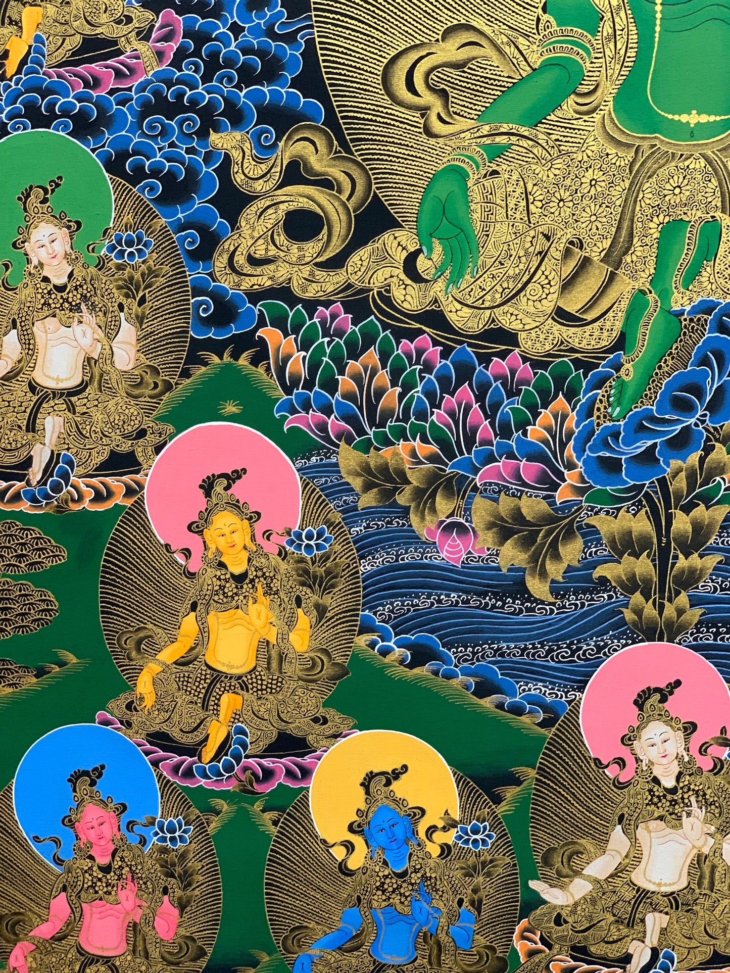 Hand-painted,  21 Green Tara, Shyamatara, 24K Gold,  Large, Masterpiece, Thangka Painting,  23 x 48-Inch