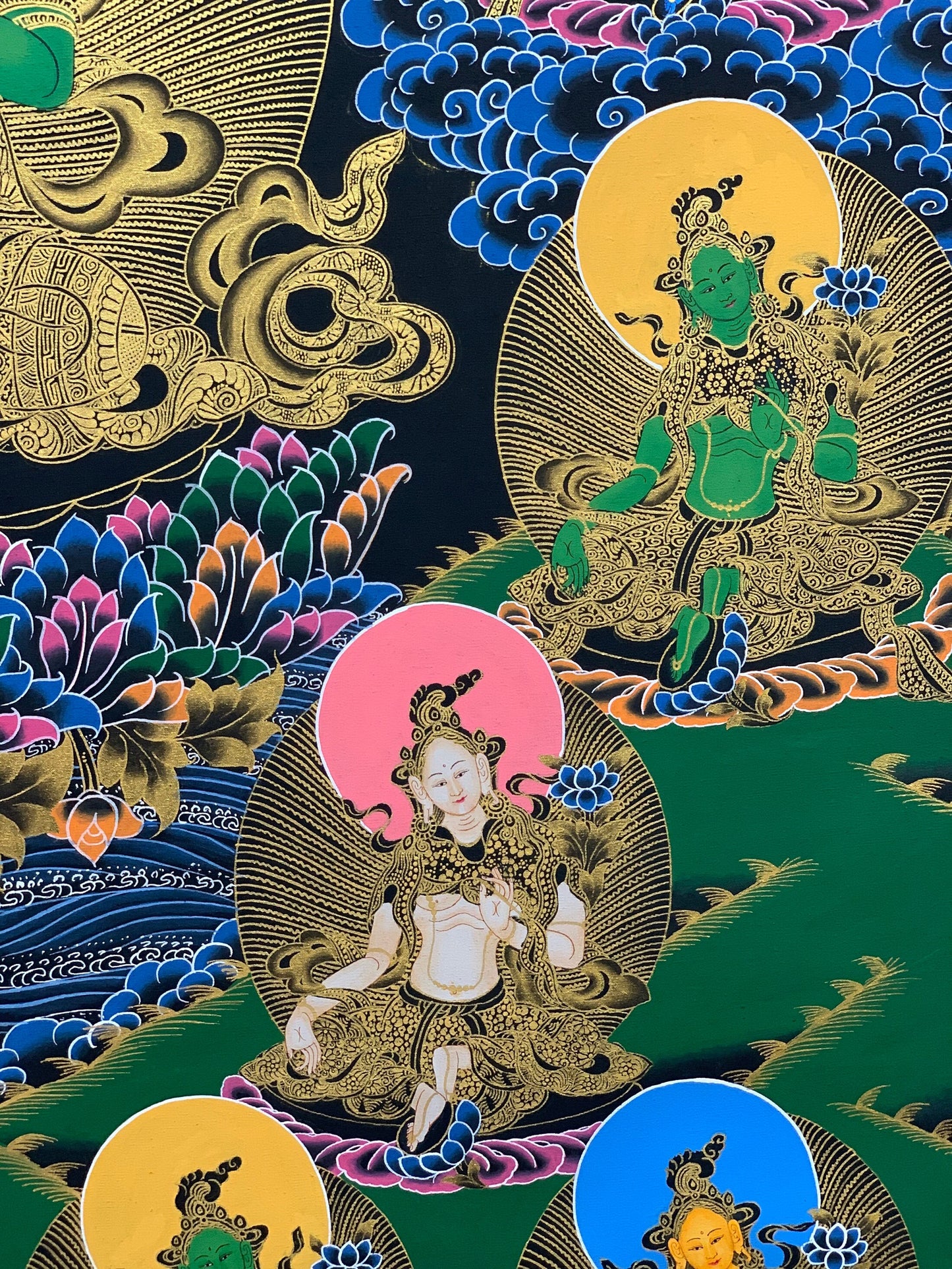 Hand-painted,  21 Green Tara, Shyamatara, 24K Gold,  Large, Masterpiece, Thangka Painting,  23 x 48-Inch