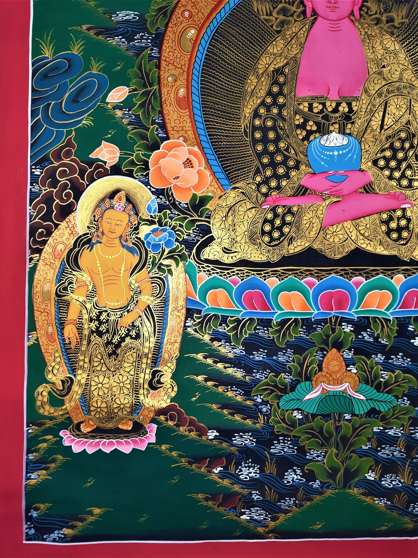 Original Hand Painted Amitabha Buddha WITH TWO BODHISATTVA Fine Work Tibetan Compassion / Meditation Thangka / Thanka  Painting From Nepal