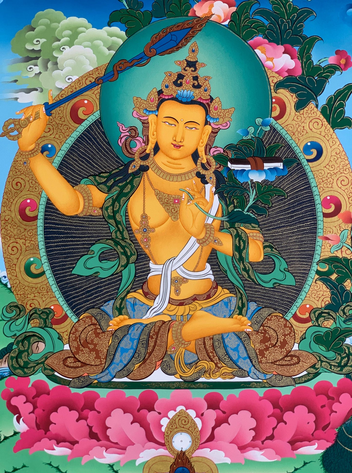 Manjusri/Manjushri/ Manjushree/ Jampelyang Bodhisattva of Wisdom 24 K Gold Original Hand-Painted  Masterpiece Tibetan Thangka Painting