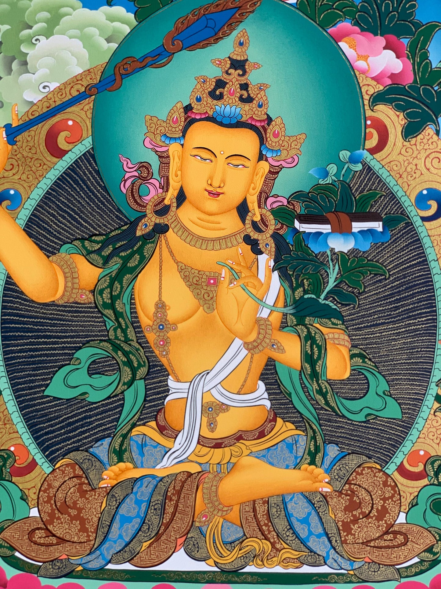 Manjusri/Manjushri/ Manjushree/ Jampelyang Bodhisattva of Wisdom 24 K Gold Original Hand-Painted  Masterpiece Tibetan Thangka Painting