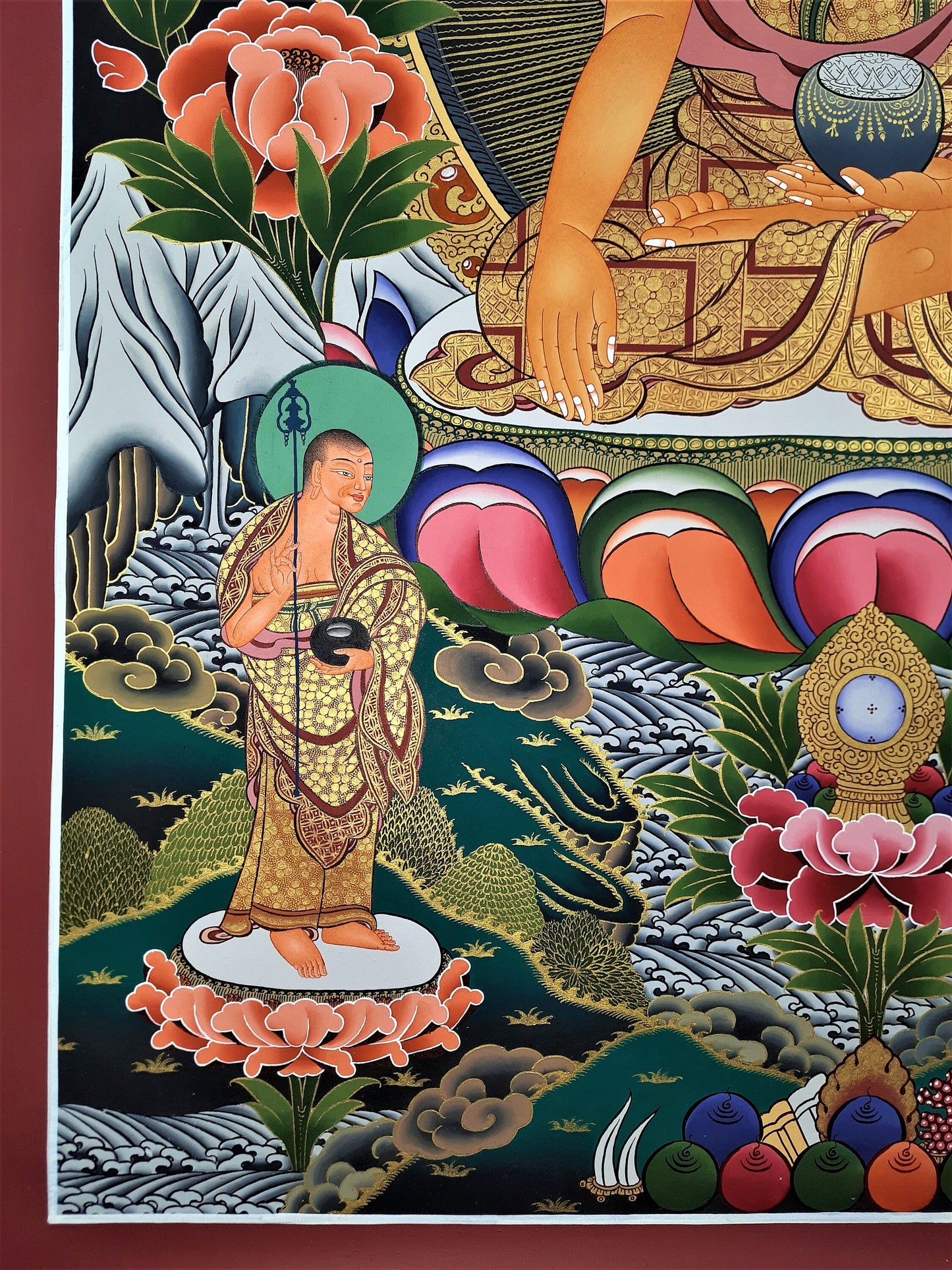 Original Hand Painted Shakyamuni Buddha / Gautama  With Two Disciples Large  Masterpiece  Tibetan mediation Painting Thangka / Thanka