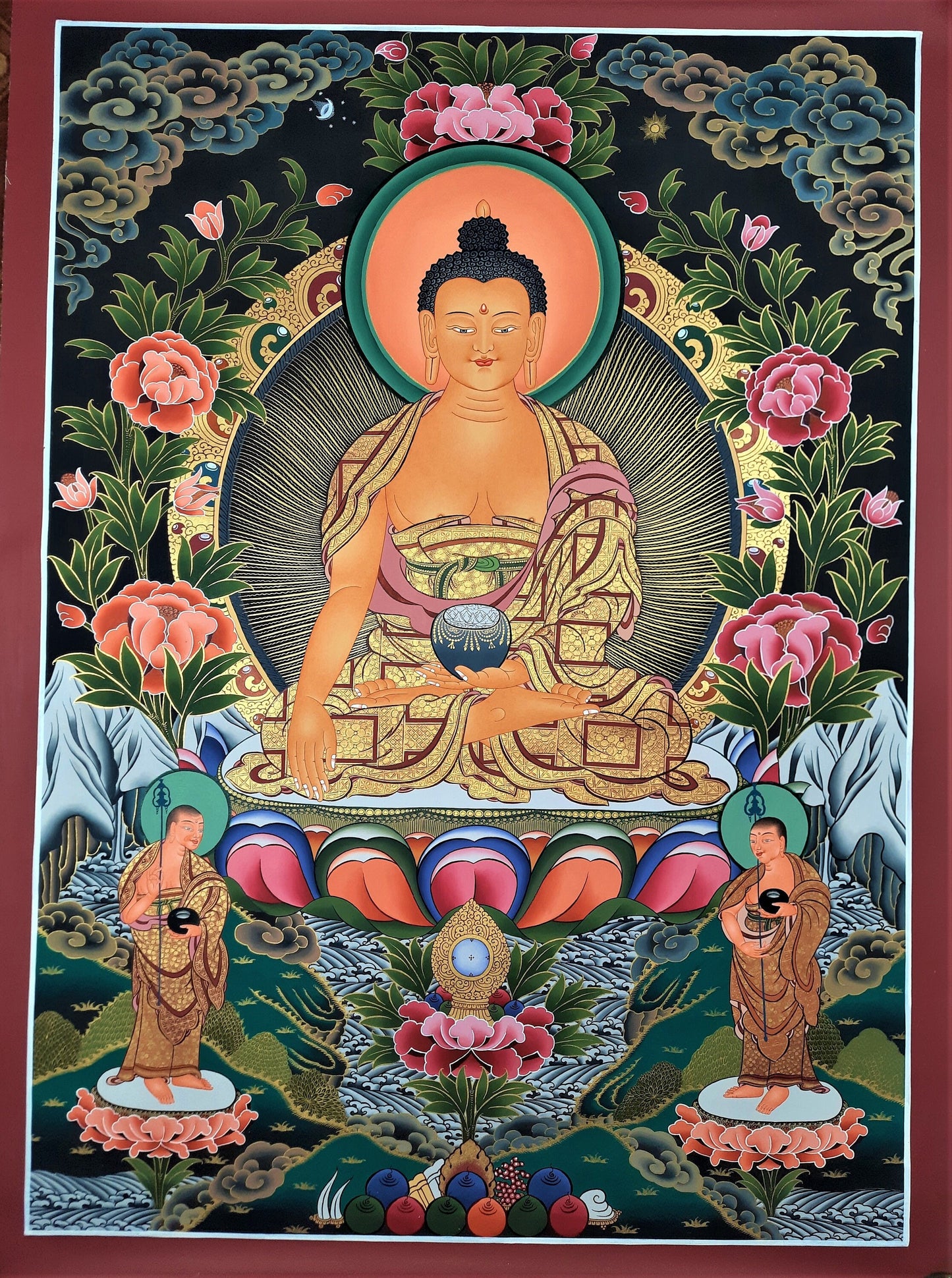 Original Hand Painted Shakyamuni Buddha / Gautama  With Two Disciples Large  Masterpiece  Tibetan mediation Painting Thangka / Thanka