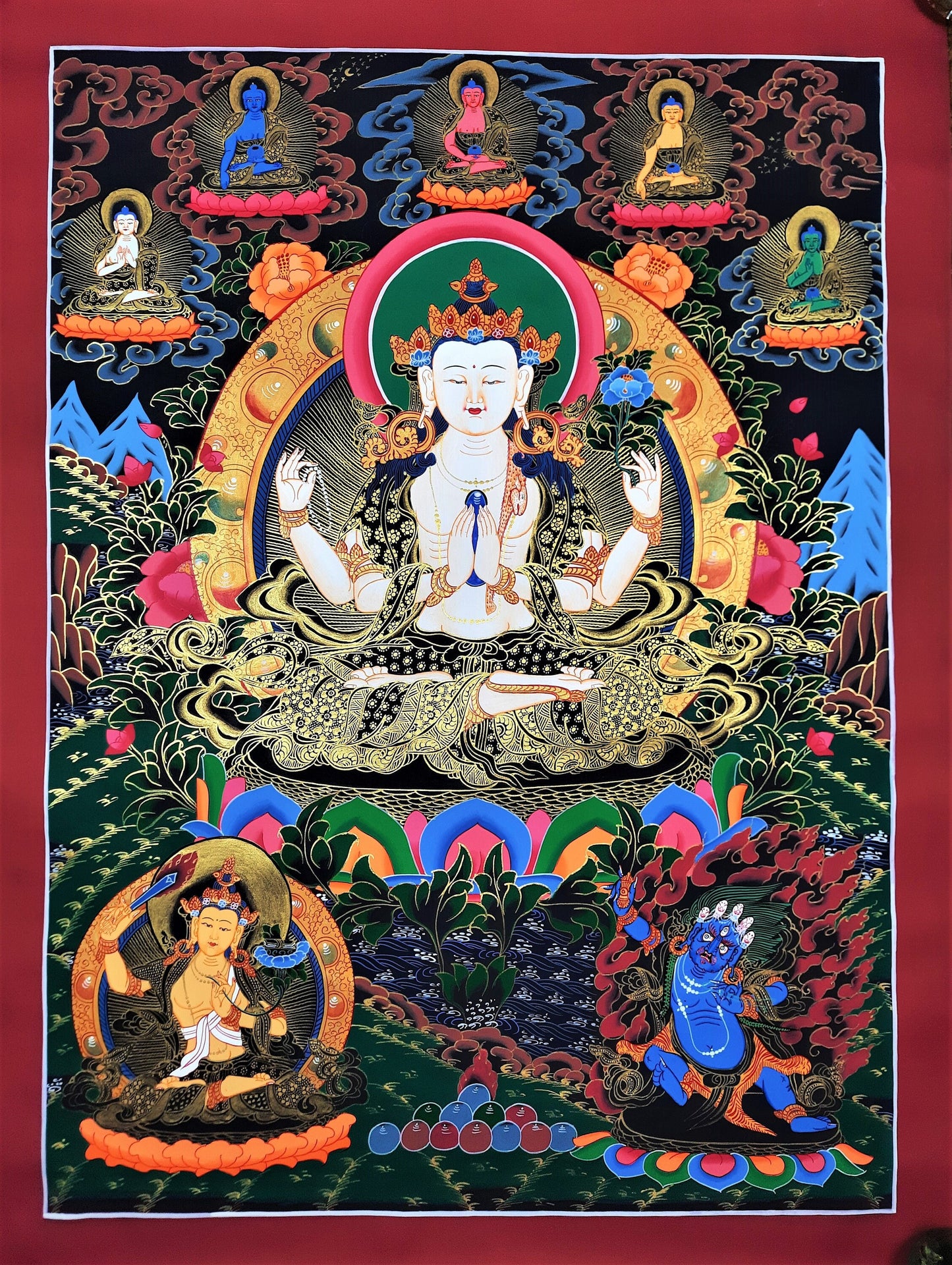 Original Hand Painted Chenrezig / Compassion Buddha Tibetan Compassion / Meditation Wall hanging Thangka / Thanka  Painting From Nepal