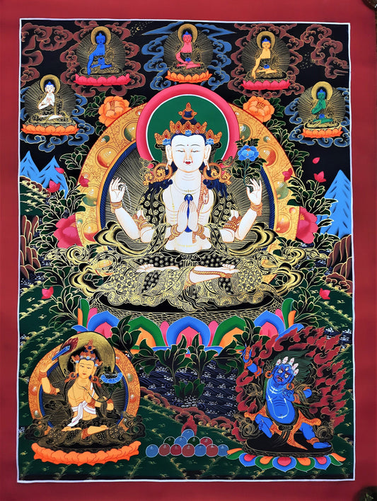 Original Hand Painted Chenrezig / Compassion Buddha Tibetan Compassion / Meditation Wall hanging Thangka / Thanka  Painting From Nepal