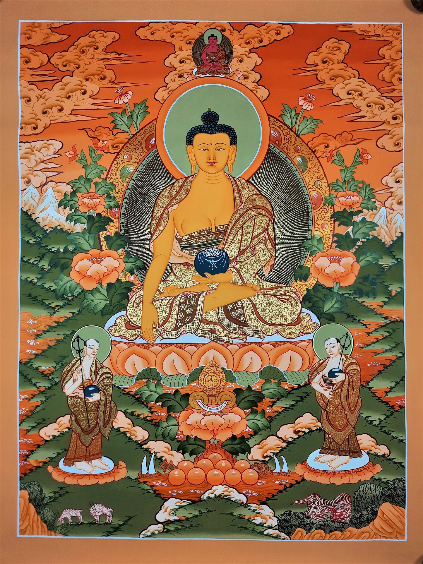 Original Hand Painted Shakyamuni Buddha / Gautama  With Two Disciples Fine Work  Tibetan Wall Hanging Painting Thangka / Thanka From Nepal