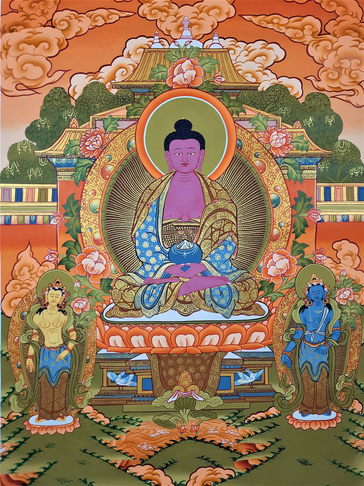 Original Hand Painted Amitabha Buddha WITH TWO BODHISATTVA Masterpiece Tibetan Compassion / Meditation Thangka / Thanka  Painting From Nepal