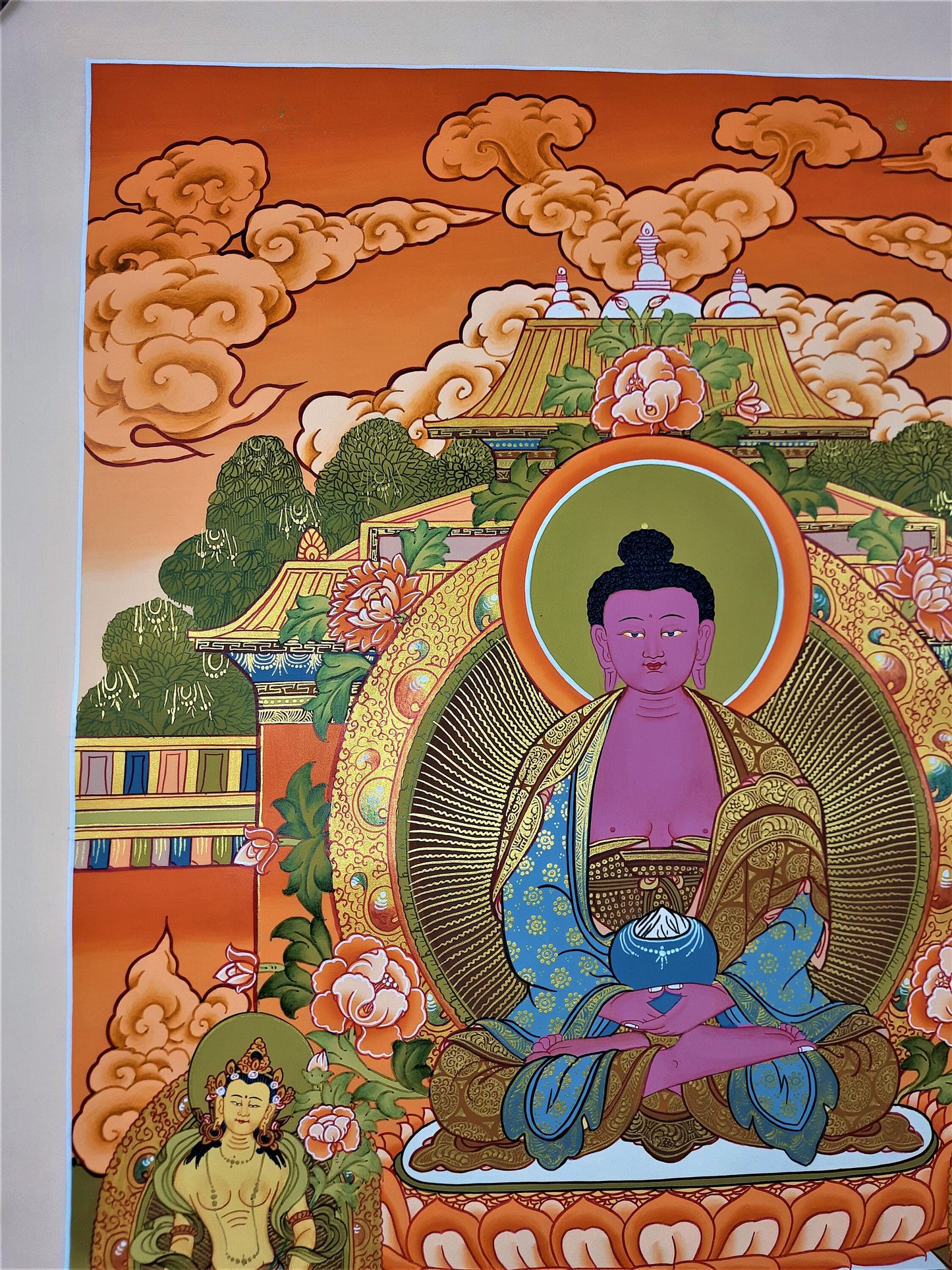 Original Hand Painted Amitabha Buddha WITH TWO BODHISATTVA Masterpiece Tibetan Compassion / Meditation Thangka / Thanka  Painting From Nepal